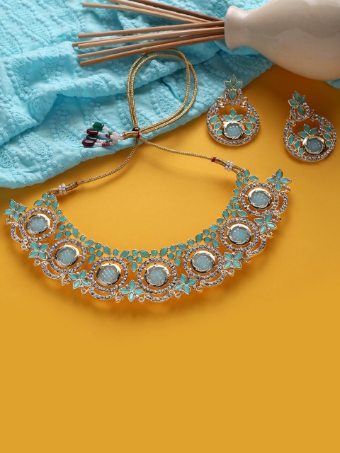 

MAD CLUB Women Gold-Plated White & Turquoise Blue Stone-Studded Jewellery Set