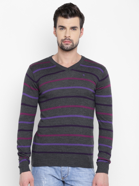 

Louis Philippe Men Grey Melange & Purple Striped Sweater