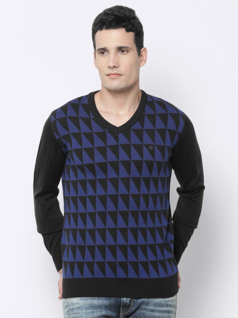 

Louis Philippe Men Blue & Brown Self-Design Sweater