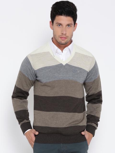 

Louis Philippe Men Brown & Grey Melange Striped Pullover