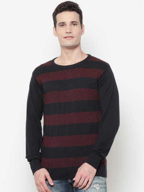 

Louis Philippe Jeans Men Navy Blue & Maroon Striped Sweater