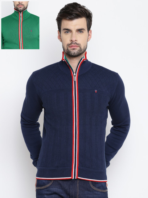 

Louis Philippe Sport Men Navy Blue & Green Self-Design Reversible Cardigan