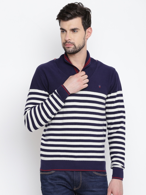 

Louis Philippe Sport Men Navy & White Striped Sweater, Navy blue