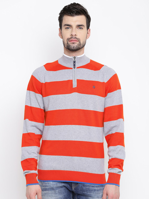 

Louis Philippe Sport Men Orange & Grey Melange Striped Sweater