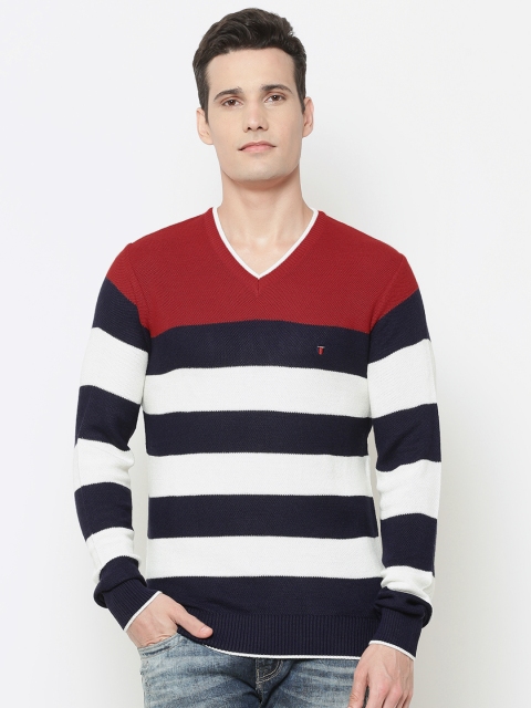 

Louis Philippe Sport Men Navy & White Striped Sweater, Navy blue