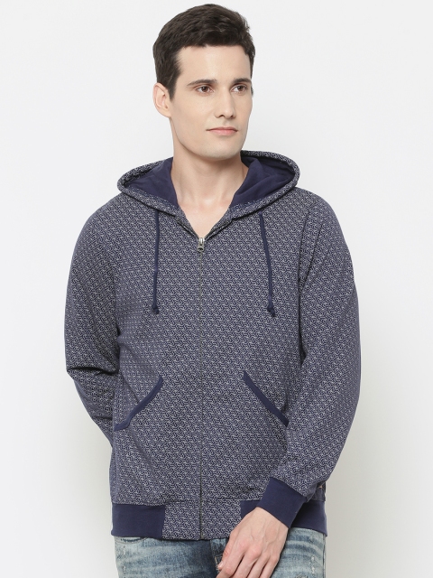 

Louis Philippe Jeans Men Blue Printed Hooded Sweatshirt