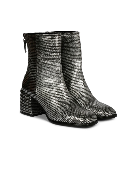 

Saint G Women Metallic Pewter Leather High Ankle Block Heel Boots