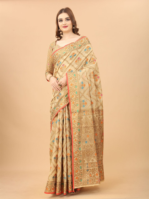 

VSaree Beige & Orange Floral Zari Saree