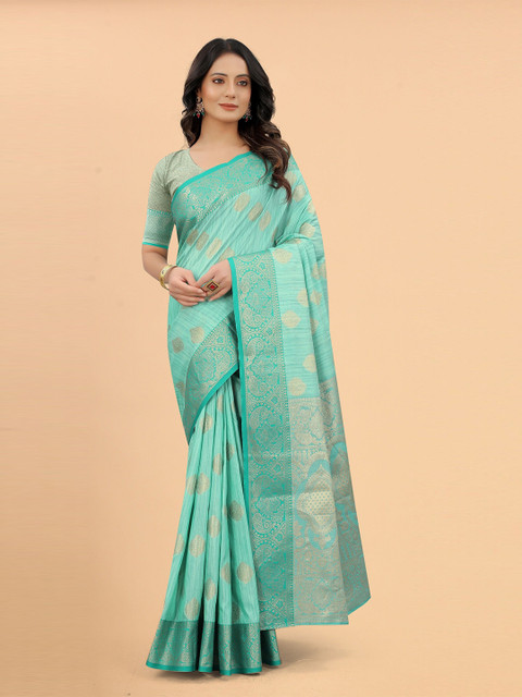 

VSaree Turquoise Blue & Gold-Toned Ethnic Motifs Zari Saree