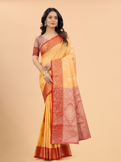 

VSaree Yellow & Red Ethnic Motifs Zari Silk Blend Saree