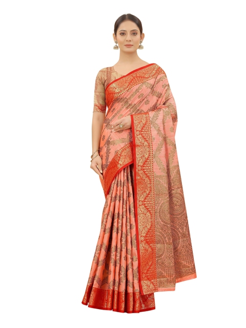 

VSaree Pink & Red Ethnic Motifs Zari Silk Blend Saree