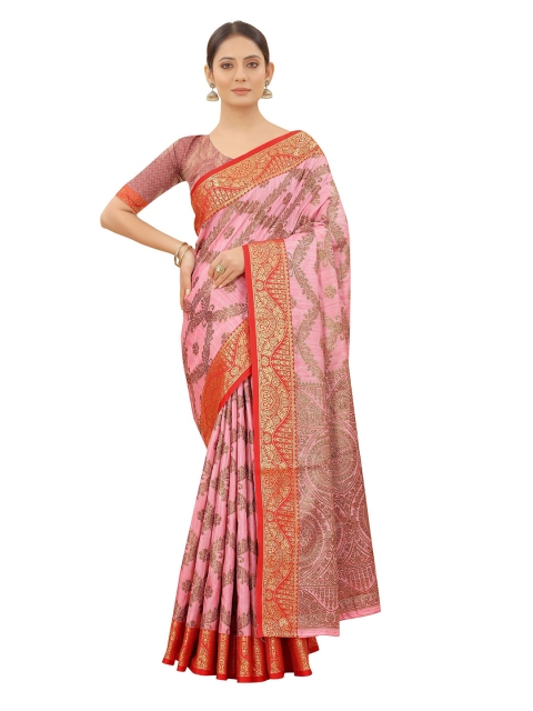 

VSaree Pink & Red Ethnic Motifs Zari Silk Blend Saree
