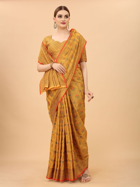 

VSaree Mustard & Gold-Toned Floral Zari Silk Blend Saree