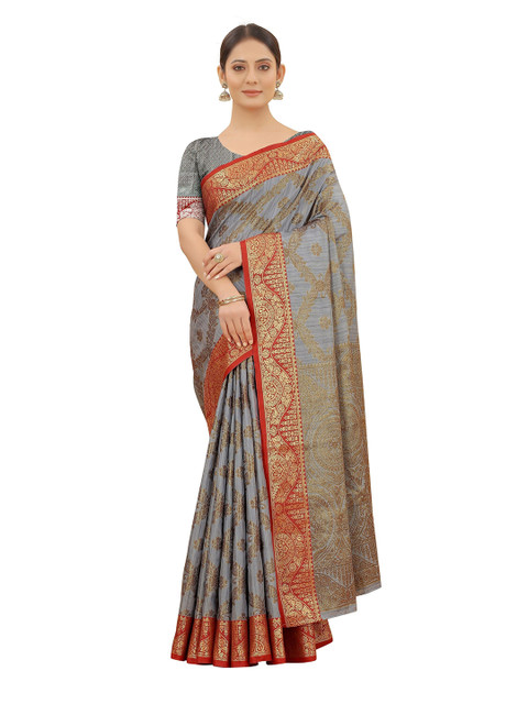 

VSaree Grey & Red Ethnic Motifs Zari Silk Blend Saree