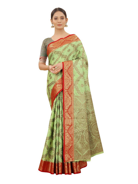 

VSaree Green & Red Ethnic Motifs Zari Silk Blend Saree