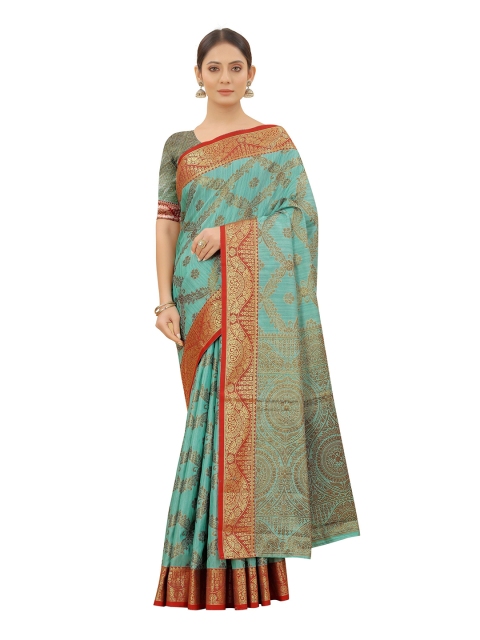 

VSaree Turquoise Blue & Red Ethnic Motifs Zari Silk Blend Saree