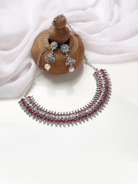 

MAD CLUB Silver-Plated Red & White Stone Studded Jewellery Set