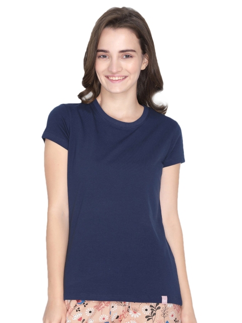 

LYRA Women Navy Blue Solid Cotton T-shirt