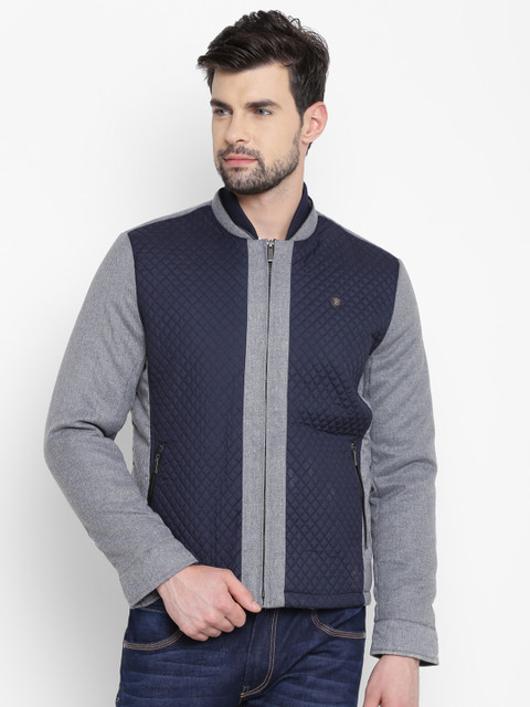 

Louis Philippe Men Navy & Grey Melange Colourblocked Quilted Jacket, Navy blue