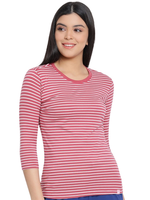 

LYRA Women Pink & White Striped Cotton T-shirt