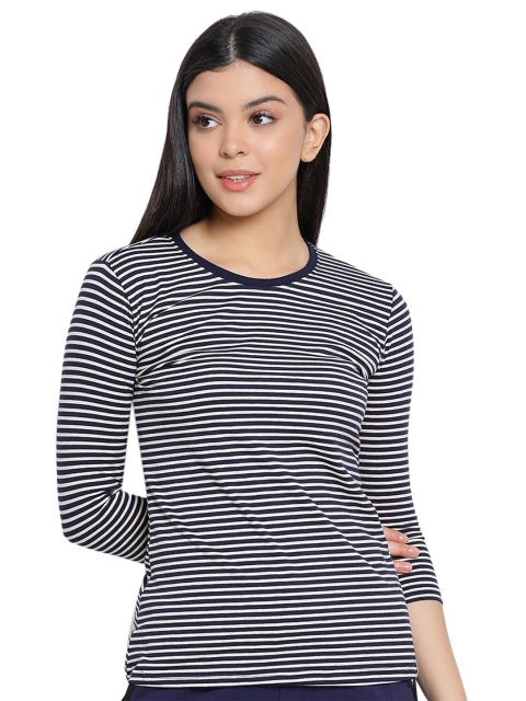 

LYRA Women Black & White Striped Cotton T-shirt
