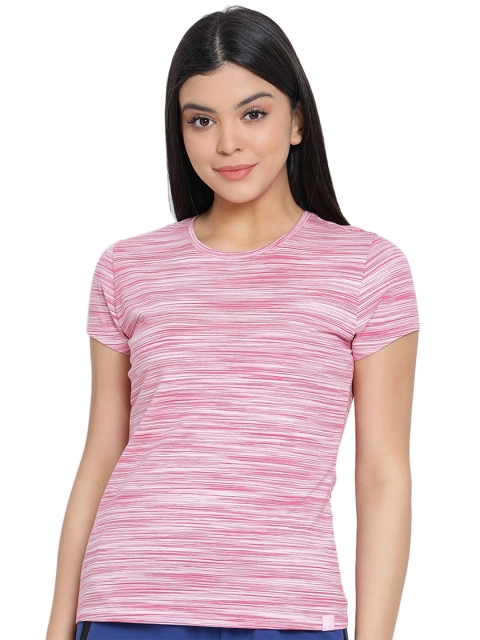 

LYRA Women Pink Striped Self Design Cotton Round Neck T-shirt