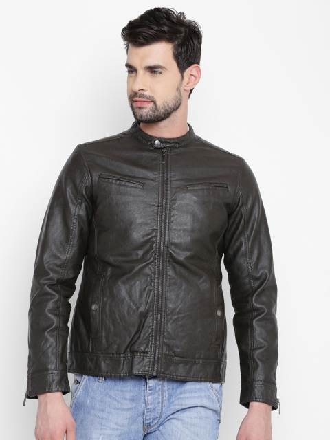 

Louis Philippe Jeans Men Brown Solid Faux Leather Biker Jacket