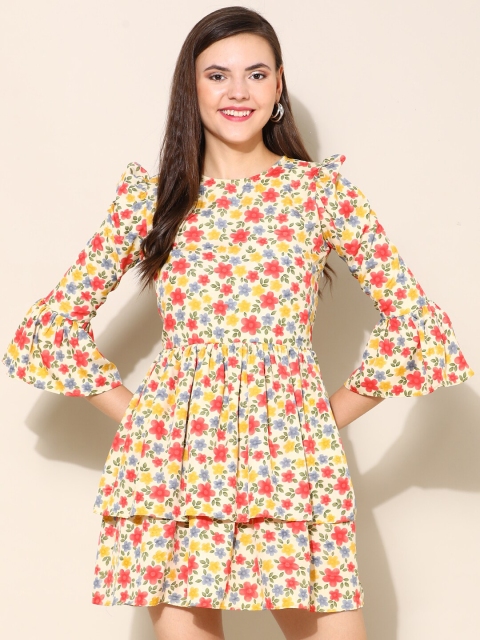

SCORPIUS Off White & Yellow Floral Crepe Dress