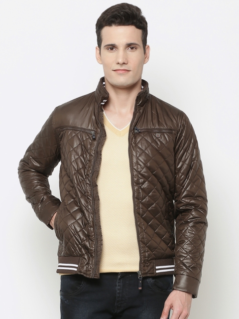 

Louis Philippe Sport Men Olive Brown Quilted Bomber Jacket with Detachable Hood