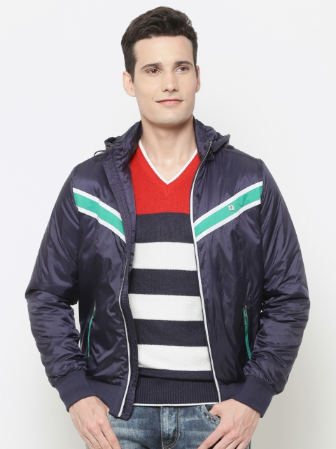 

Louis Philippe Sport Men Navy Striped Detail Bomber Jacket with Detachable Hood, Navy blue