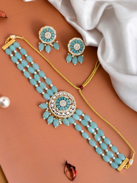 

ROHINIKA Gold-Plated Turquoise Blue Kundan Studded Jewellery Set