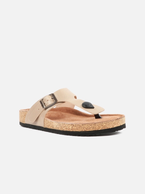 

Carlton London Women Taupe Solid T-Strap Flats with Buckles