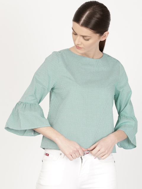 

ether Women Green Checked Bell Sleeves Pure Cotton Top