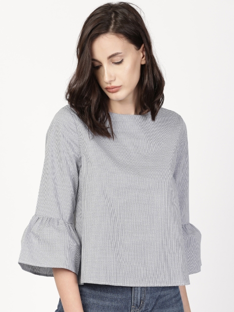 

ether Women Grey Checked Bell Sleeves Pure Cotton Top