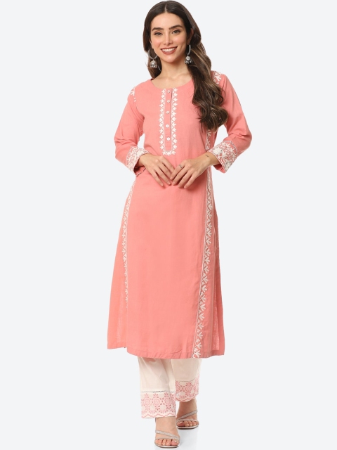

Meena Bazaar Women Peach-Coloured Embroidered Thread Work Pure Cotton Kurta with Trousers