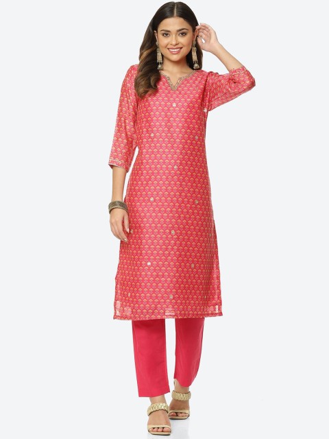 

Meena Bazaar Women Pink Floral Printed Beads and Stones Chanderi Silk Kurta with Trousers