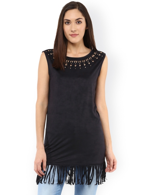 

109F Women Black Solid Top with Tasseled Detail