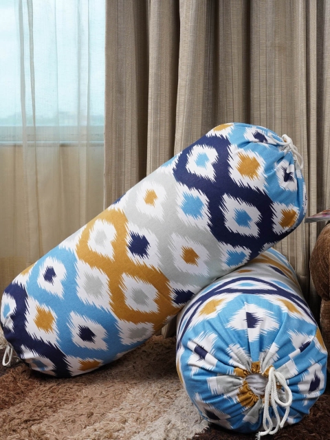 

HOMEMONDE Set Of 2 Blue & White Printed Cotton Bolster Covers