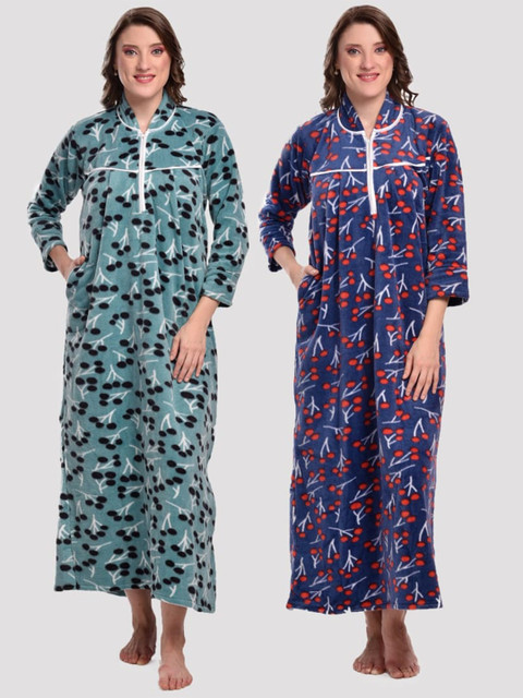 

CIERGE Women Pack Of 2 Green & Blue Printed Maxi Nightdress