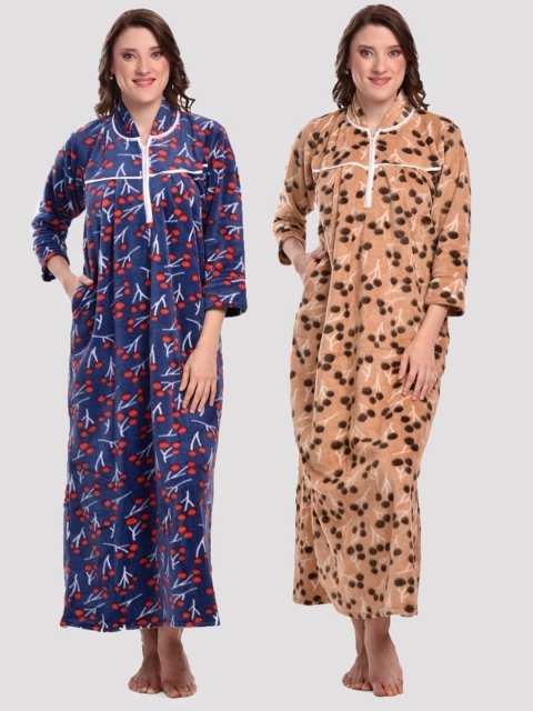 

CIERGE Women Pack Of 2 Blue & Brown Printed Maxi Nightdress