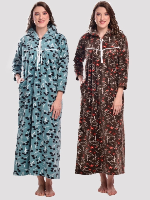 

CIERGE Women Pack Of 2 Blue & Green Printed Maxi Nightdress