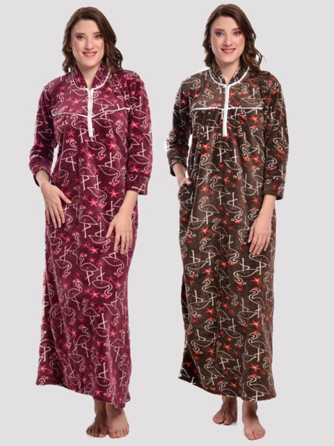 

CIERGE Women Pack Of 2 Burgundy & Brown Printed Maxi Nightdress