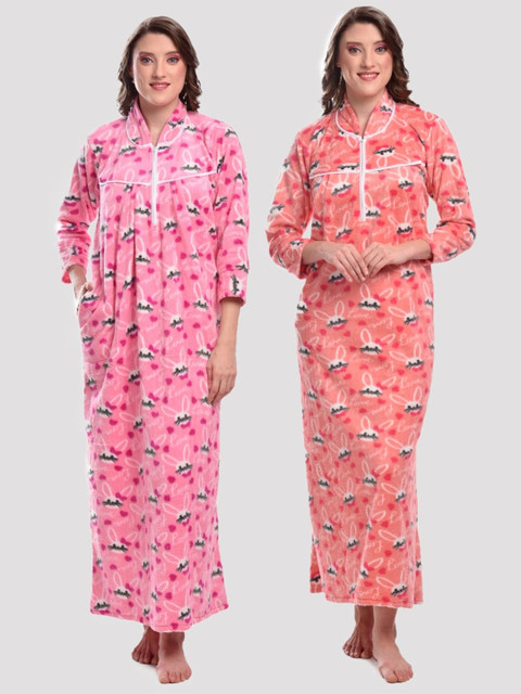 

CIERGE Women Pack Of 2 Pink & Red Printed Maxi Nightdress
