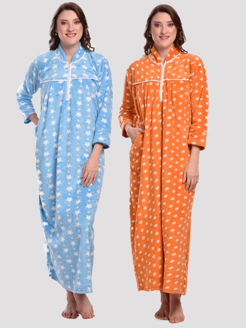 

CIERGE Women Pack Of 2 Orange & Blue Printed Maxi Nightdress