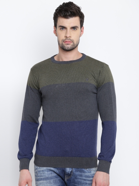 

Allen Solly Men Olive Green & Navy Colourblocked Sweater
