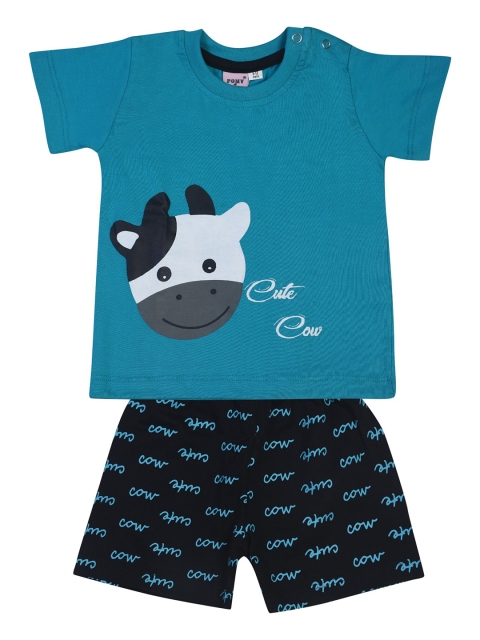 

POMY & JINNY Boys Green & Navy Blue Printed Pure Cotton T-shirt with Shorts