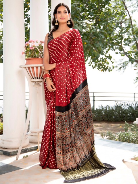 

Geroo Jaipur Red & Black Pure Silk Hand crafted Saree