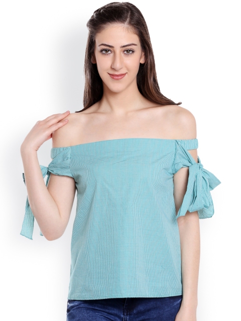 

20Dresses Women Green & White Checked Bardot Pure Cotton Top