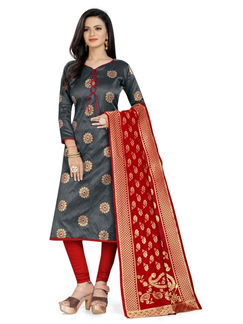 

MORLY Grey & Red Dupion Silk Unstitched Dress Material