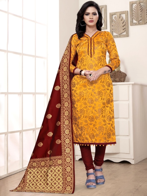 

MORLY Yellow & Maroon Dupion Silk Unstitched Dress Material